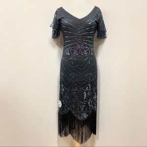 1920s Flapper Dress Short Sleeve Black Beaded